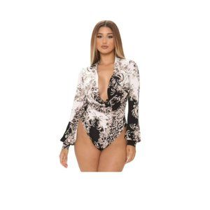 NWT Fashion Nova Bodysuit Catch Ya Later Cowl Plunge Neck White Black Size Small